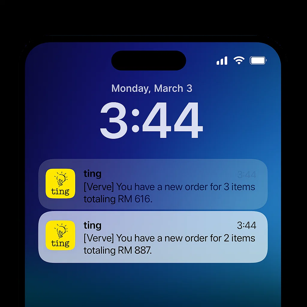 Animation of phone with multiple push notifications arriving about customers placing orders