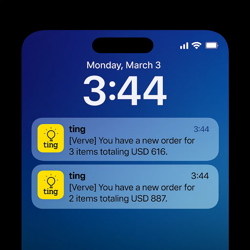 Animation of phone with multiple push notifications arriving about customers placing orders